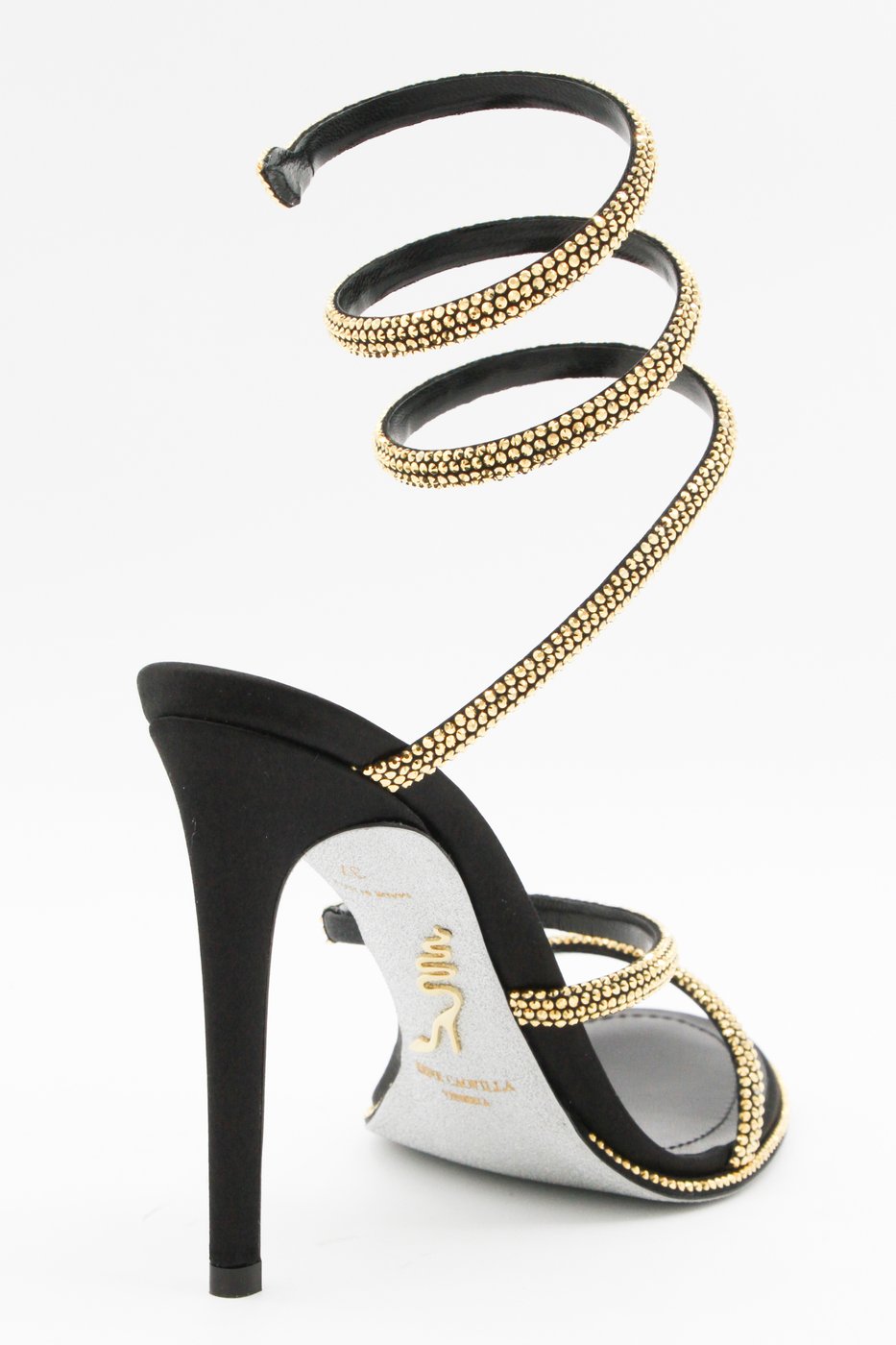 High-Heeled Black Sandals with Gold-tone Studded Ankle Strap