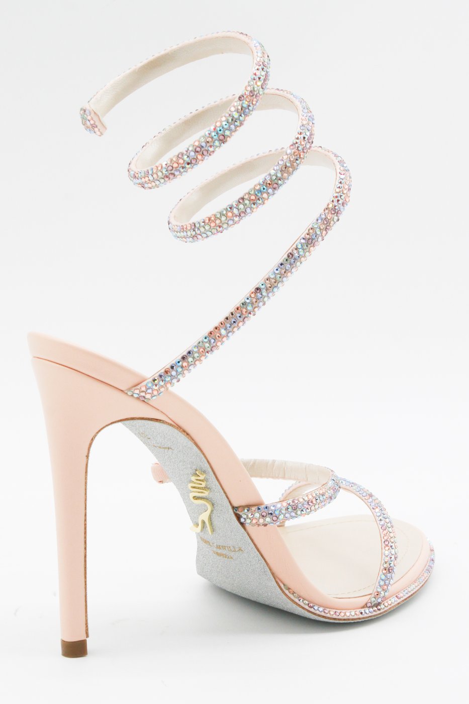 High-Heeled Sandals with Coiled Rhinestone Ankle Strap
