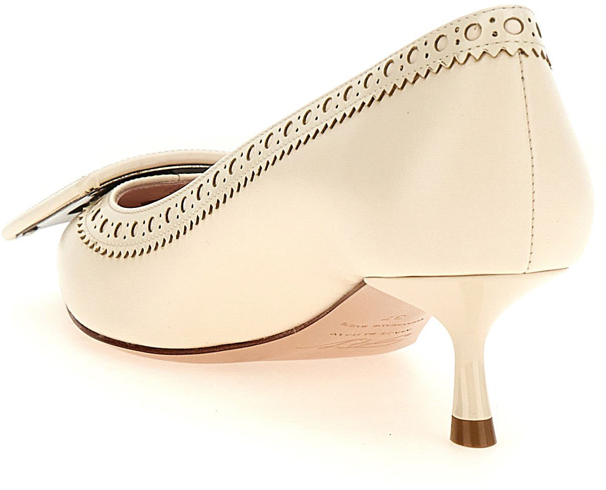 Roger Vivier White Lamb Leather Mid Heel Pumps