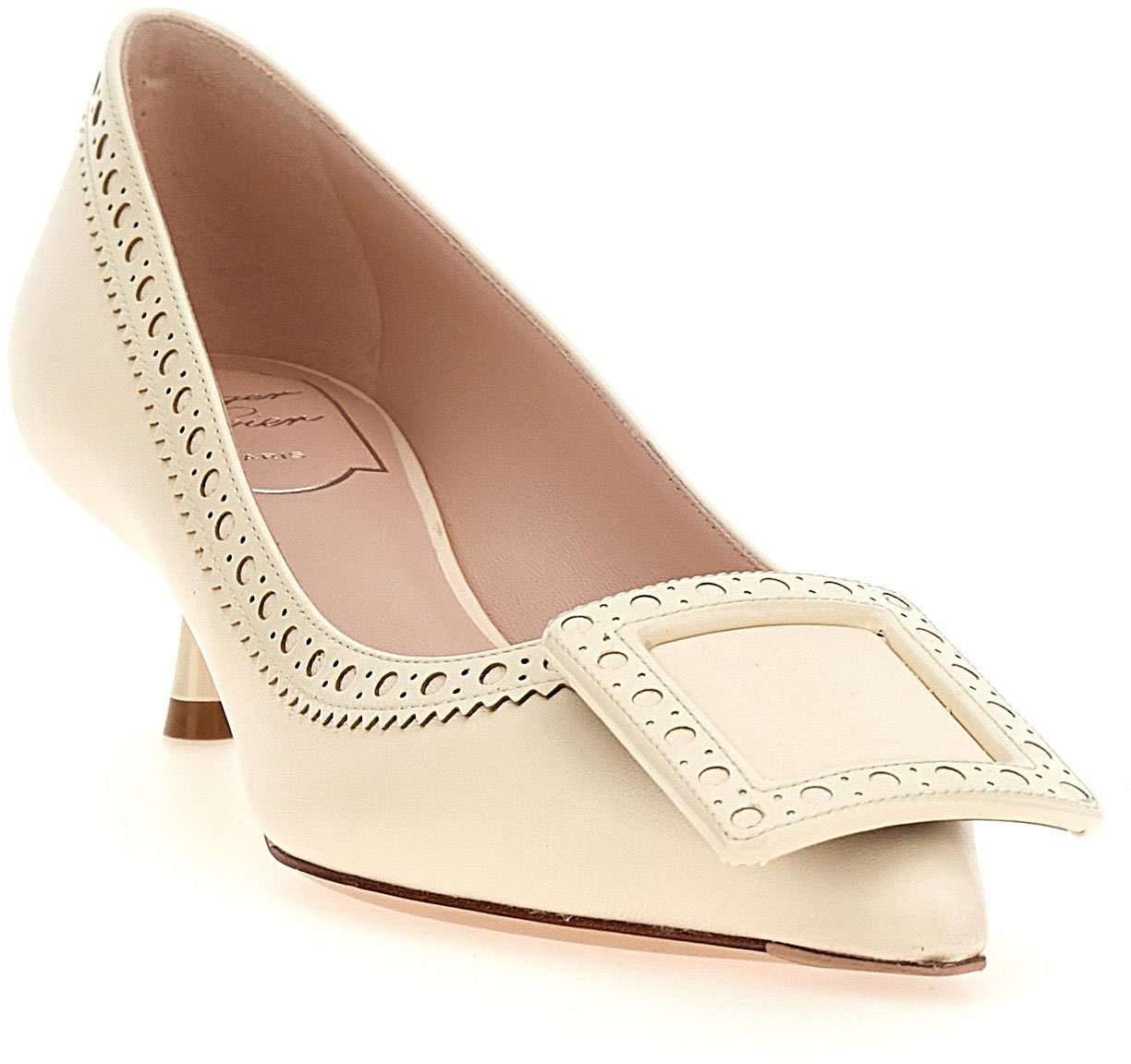 Roger Vivier White Lamb Leather Mid Heel Pumps