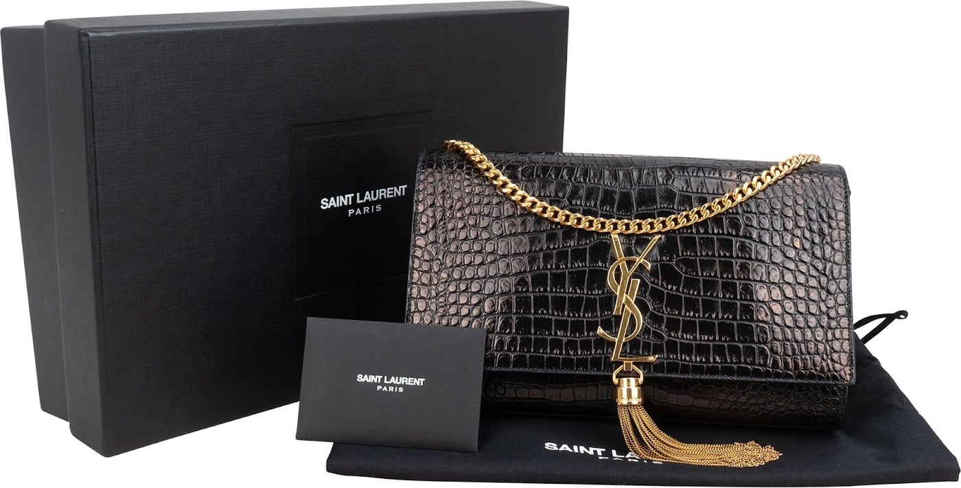 Saint Laurent Croc-Embossed Leather Kate Tassel Chain Crossbody Bag