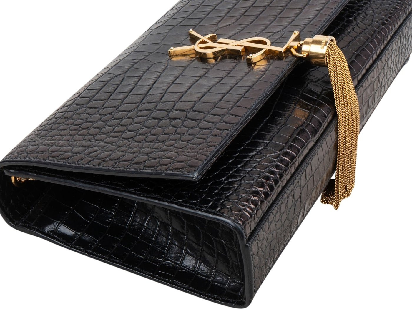 Saint Laurent Croc-Embossed Leather Kate Tassel Chain Crossbody Bag