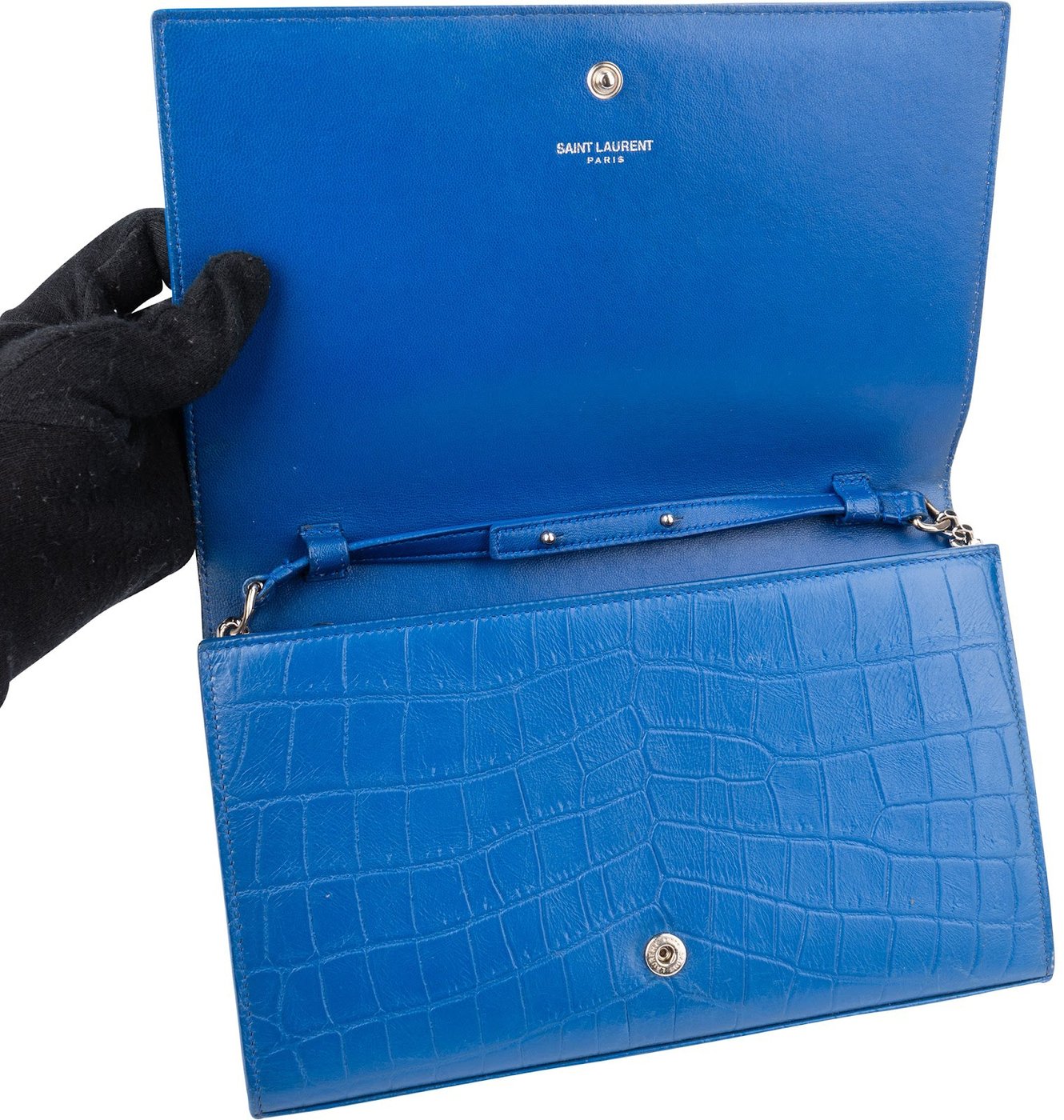 Saint Laurent Croc-Embossed Monogram Kate Wallet On Chain Crossbody Bag