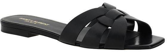 Saint Laurent Black Calf Leather Bos Taurus Flat Sandals