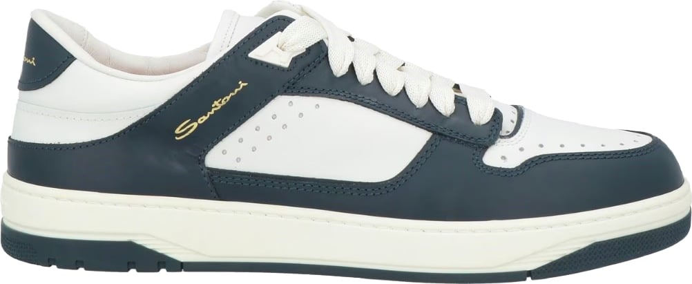 Santoni Men's Low-Top Leather Sneakers White Dark Blue