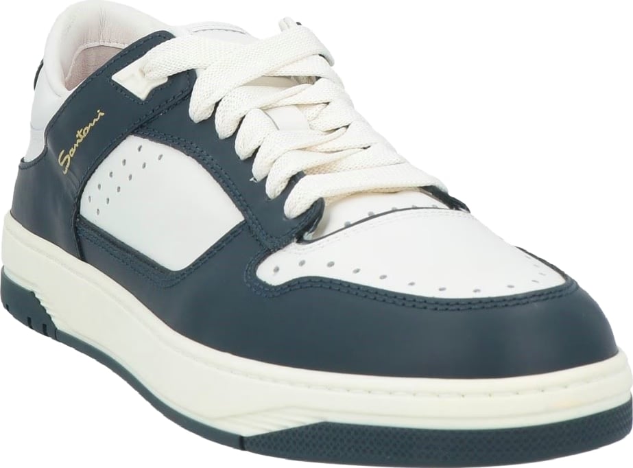 Santoni Men's Low-Top Leather Sneakers White Dark Blue