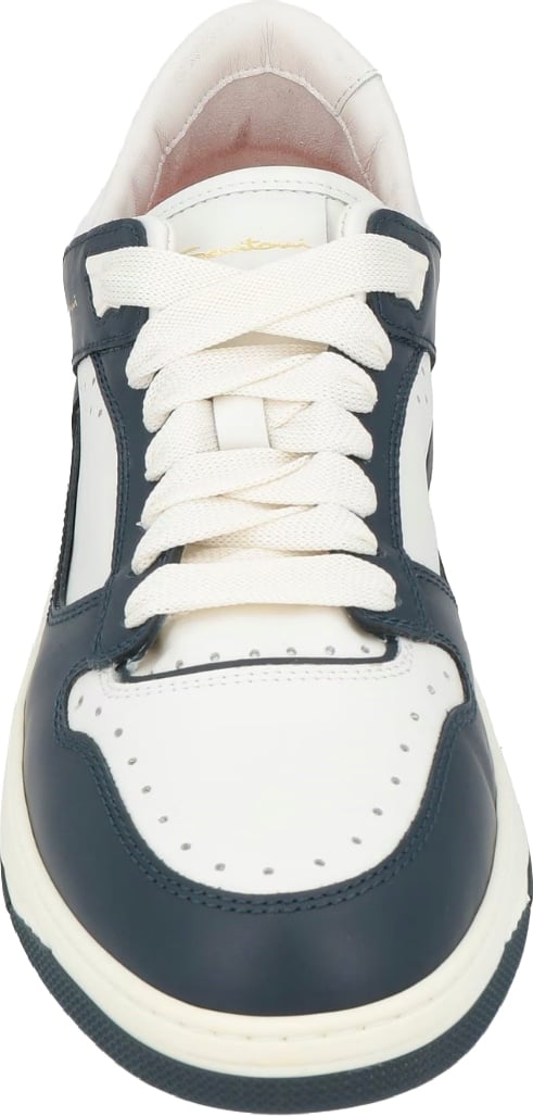 Santoni Men's Low-Top Leather Sneakers White Dark Blue