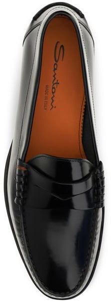 Santoni Black Calf Leather Bos Taurus Slip-On Loafers