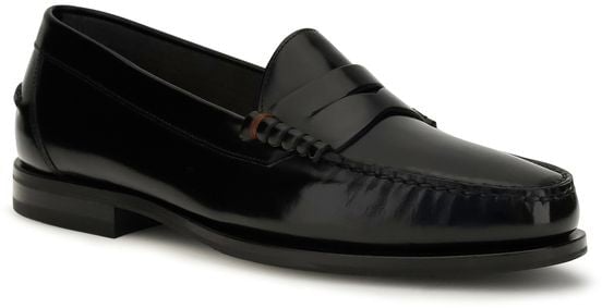 Santoni Black Calf Leather Bos Taurus Slip-On Loafers