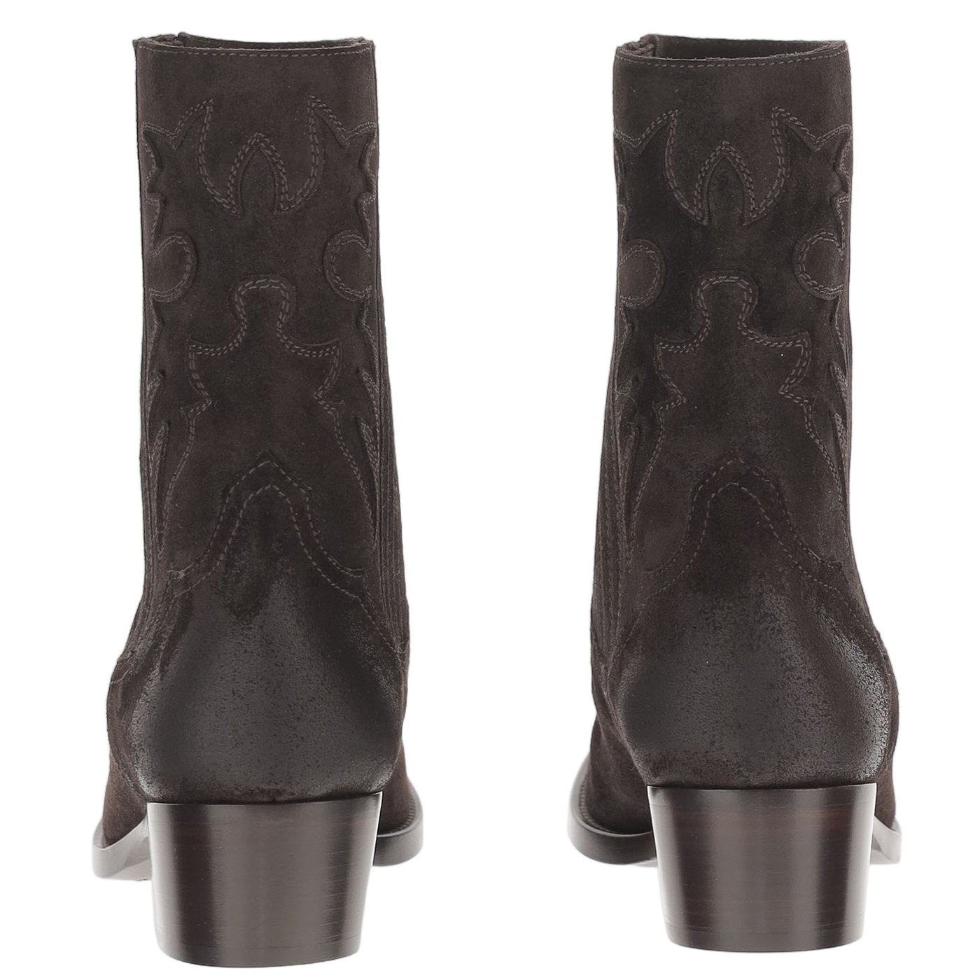 Dark Brown Suede Ankle Boots With Pointed Toe And Decorative Stitching