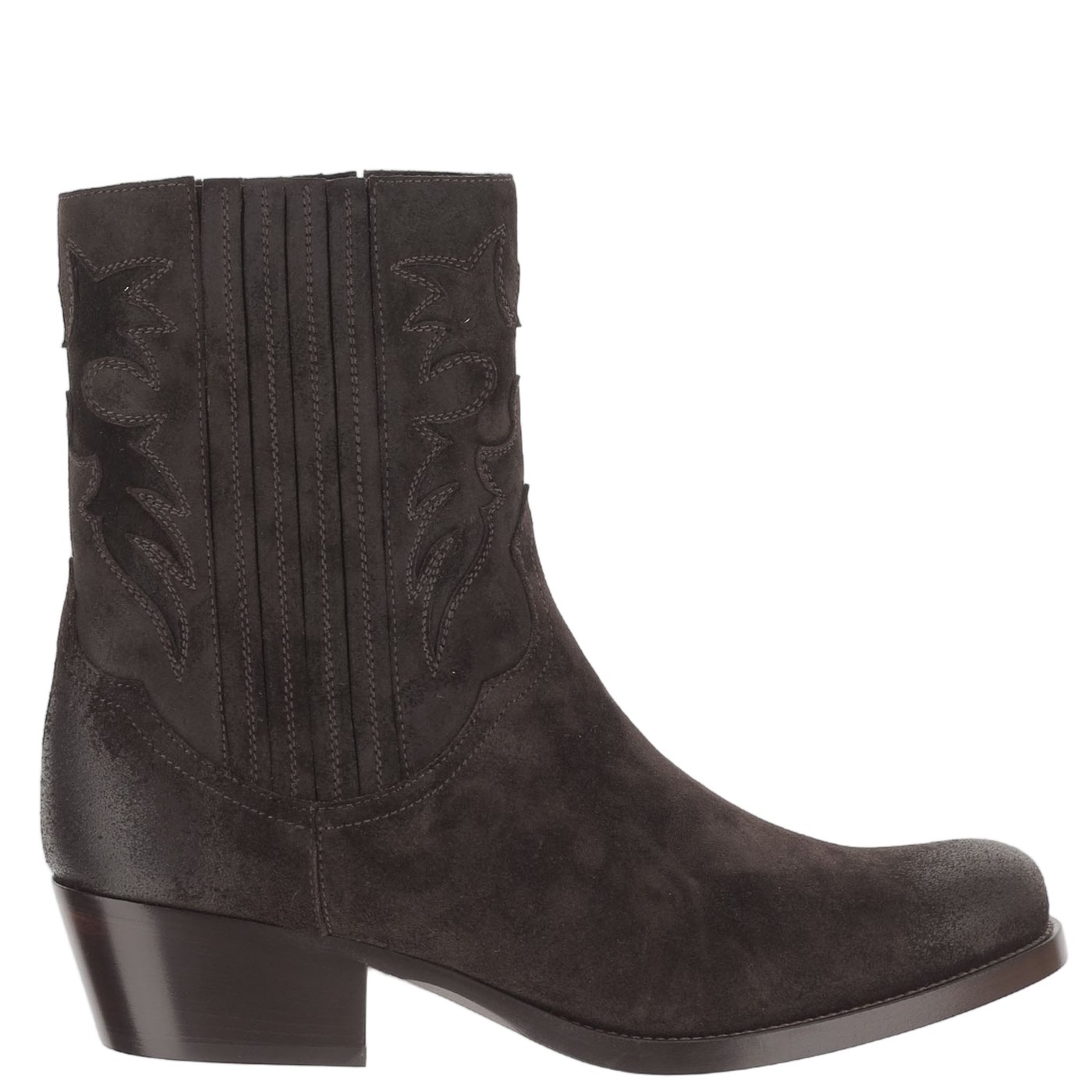 Dark Brown Suede Ankle Boots With Pointed Toe And Decorative Stitching