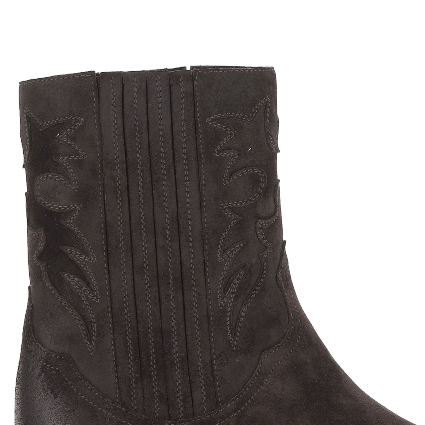 Dark Brown Suede Ankle Boots With Pointed Toe And Decorative Stitching