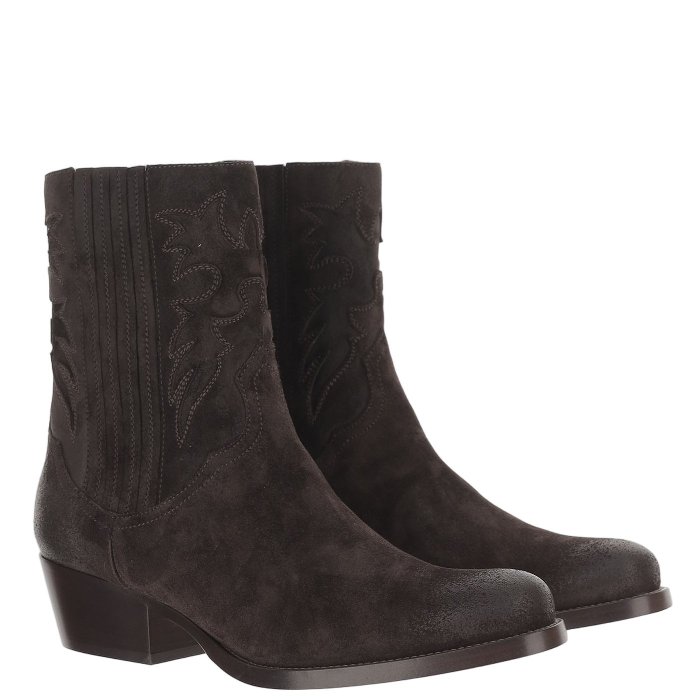 Dark Brown Suede Ankle Boots With Pointed Toe And Decorative Stitching
