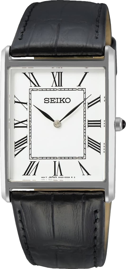 Seiko Horloge SWR103P1 Staal Vierkant Quartz met Saffier Glas 50m Waterdicht en Zwart Leren Horlogeband 22x38mm