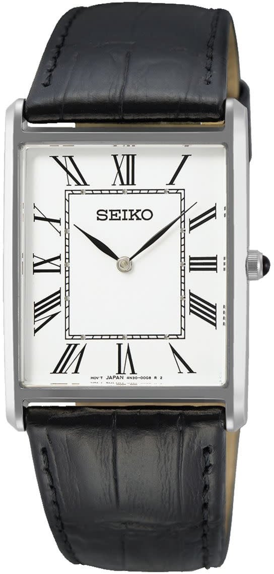 Seiko Horloge SWR103P1 Staal Vierkant Quartz met Saffier Glas 50m Waterdicht en Zwart Leren Horlogeband 22x38mm