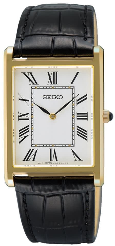 Seiko Horloge SWR104P1 Staal met Geelgouden Plating Quartz Saffierglas 50m Waterdicht met Zwart Leren Horlogeband 27mm x 38mm