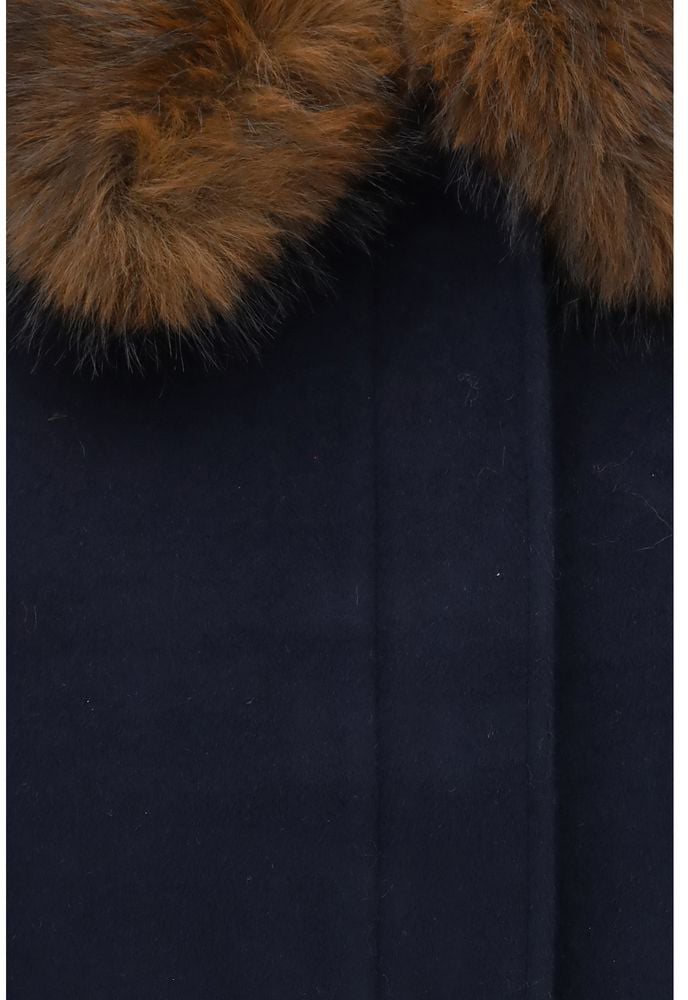 Navy Wool-Blend Plush Fur Trim Jacket