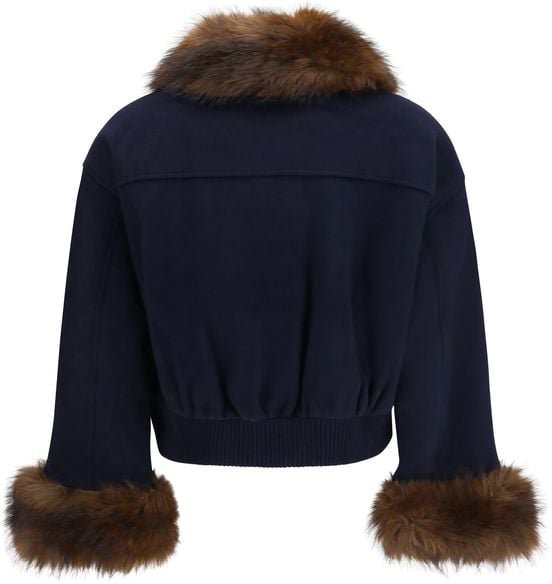 Navy Wool-Blend Plush Fur Trim Jacket