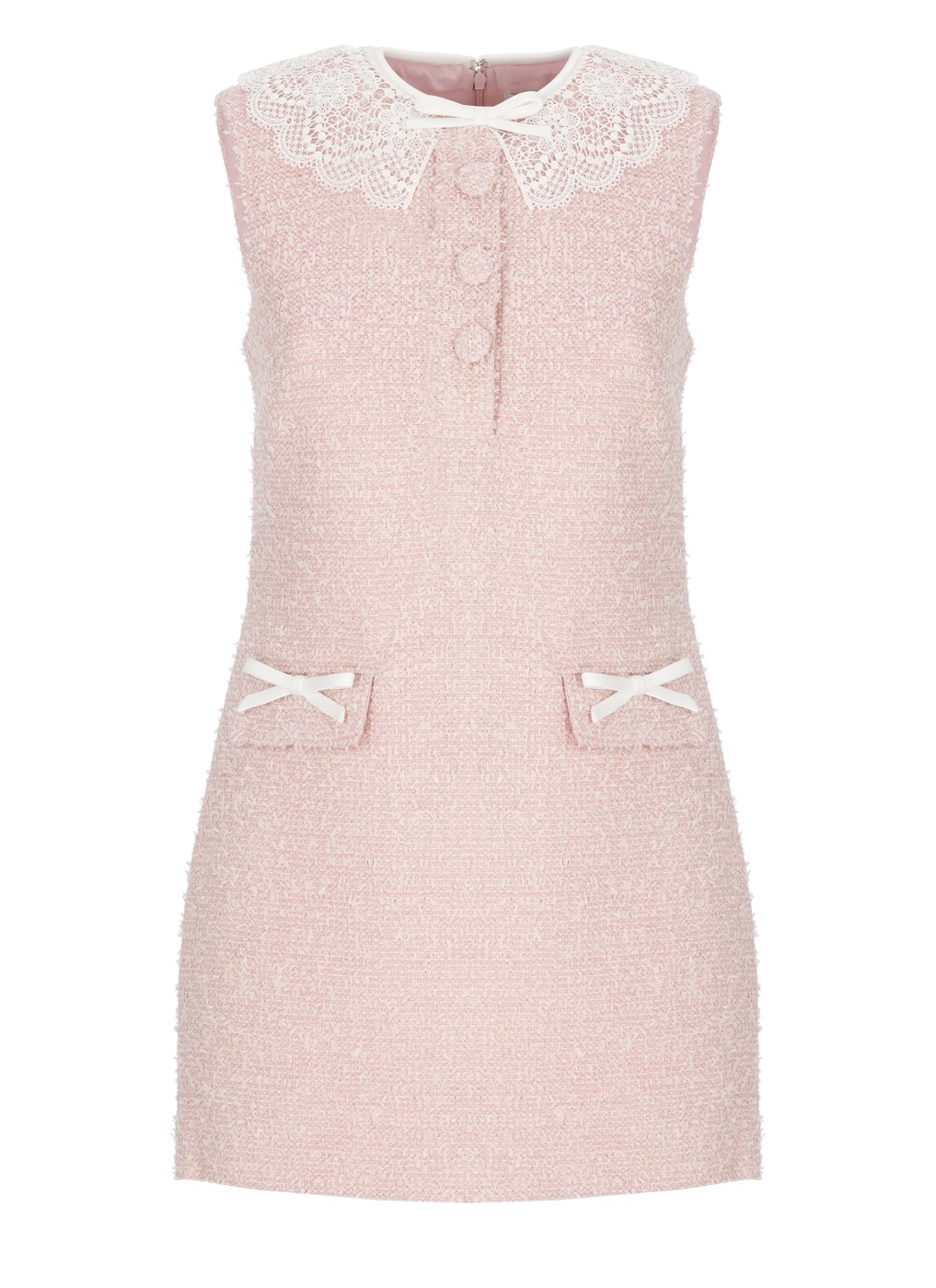 Textured Boucle Mini Dress With Lace Collar And Bow Accents