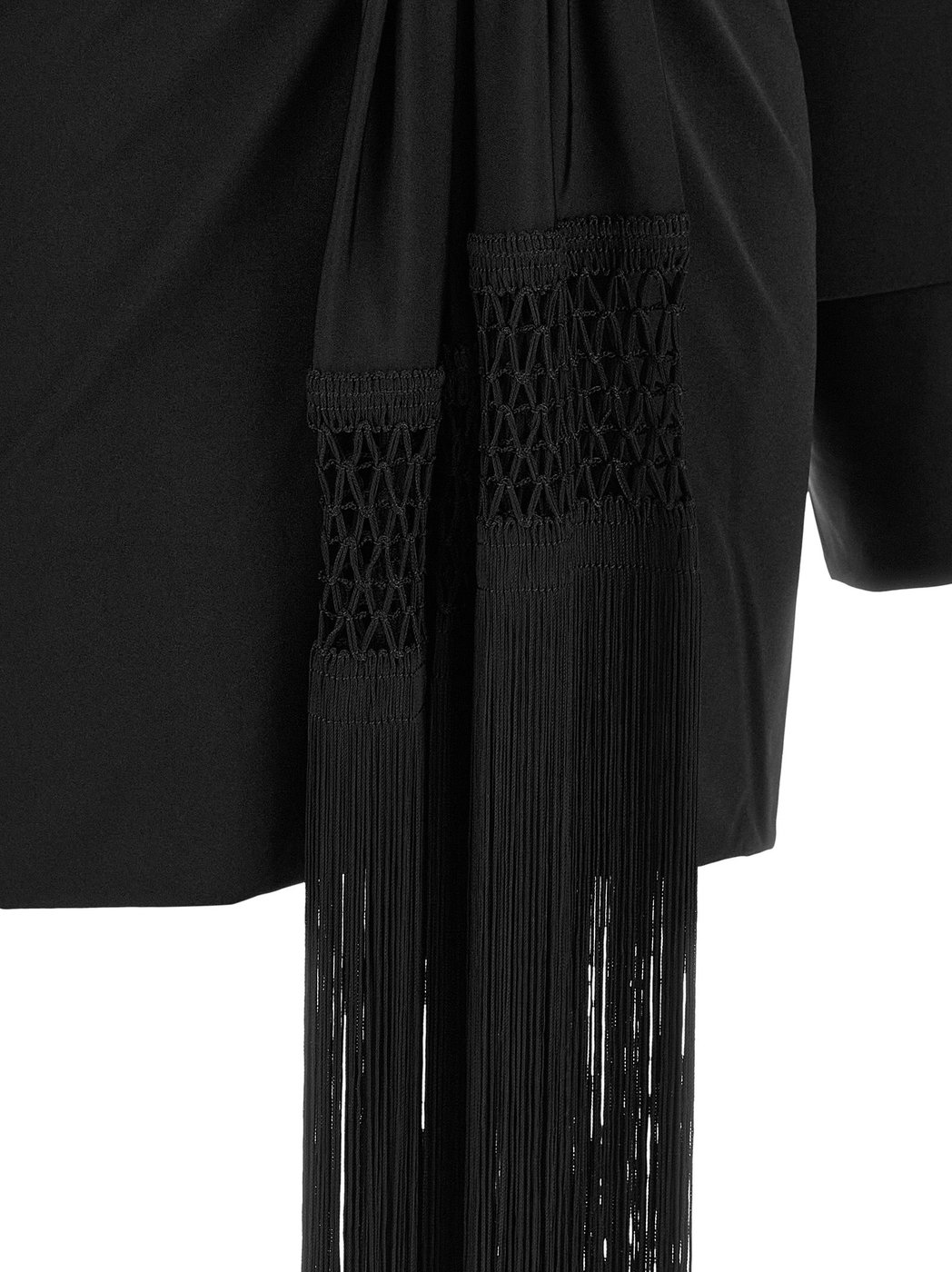 Black Hall Fringe Sash Fluid Stretch Mini Dress