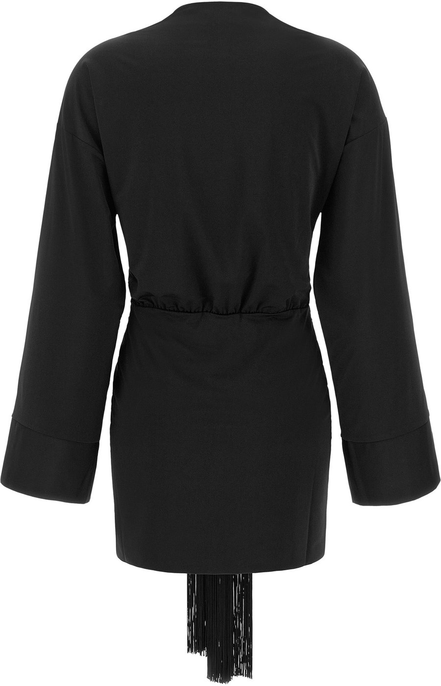 Black Hall Fringe Sash Fluid Stretch Mini Dress