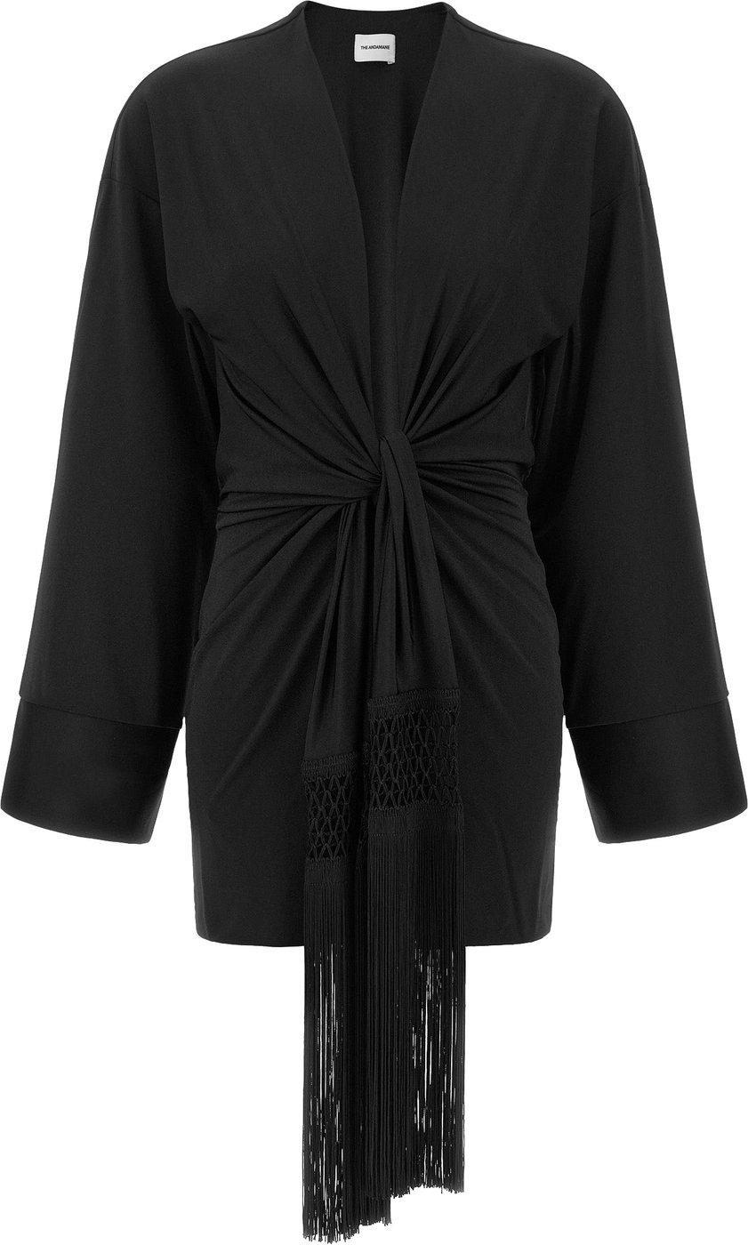 Black Hall Fringe Sash Fluid Stretch Mini Dress