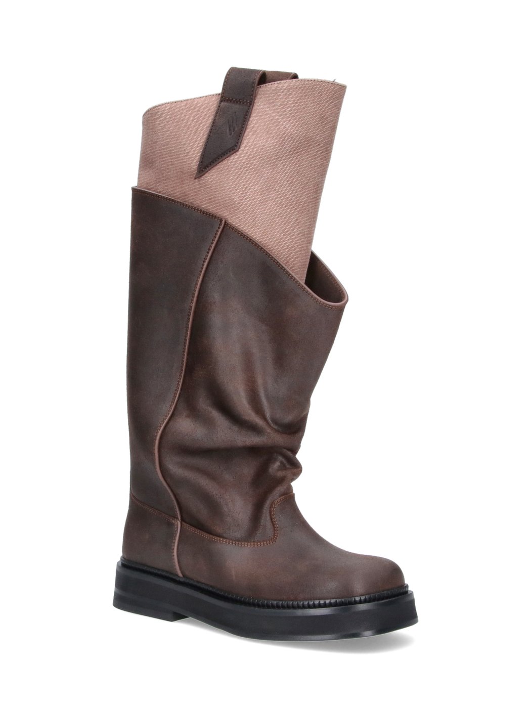 Slouchy Dark Brown Leather Boots with Light Beige Cuff