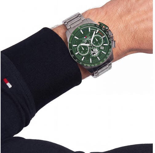 Tommy Hilfiger Horloge TH1792293 Bank Staal Quartz met Groene Wijzerplaat 44mm