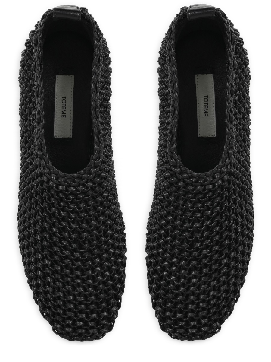 Woven Black Leather Ballerina Flats With Artisanal Detailing