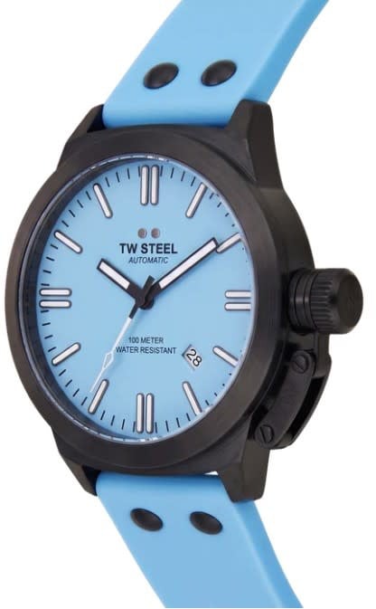 TW Steel Horloge CS128 Canteen Automaat Staal met Zwarte Plating 100m Waterdicht en Licht Blauwe Horlogeband 44mm