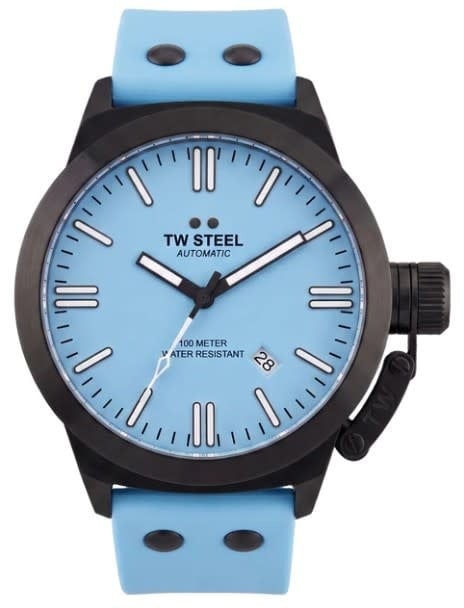 TW Steel Horloge CS128 Canteen Automaat Staal met Zwarte Plating 100m Waterdicht en Licht Blauwe Horlogeband 44mm