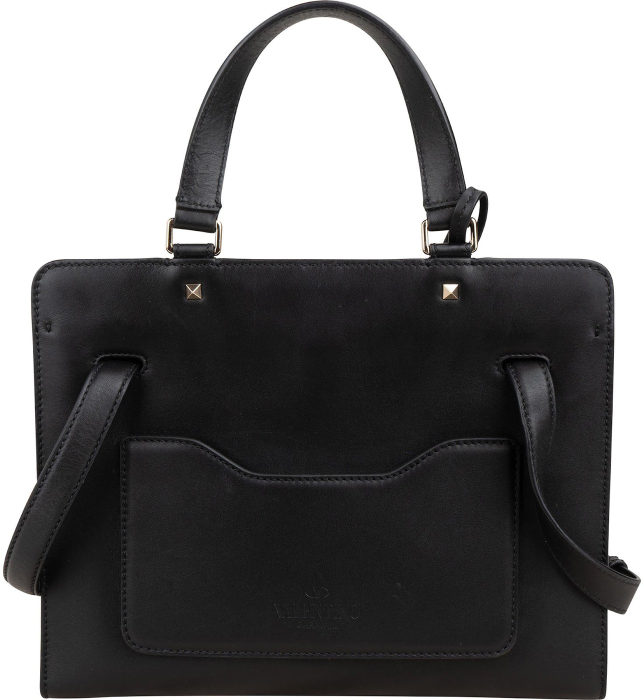 Valentino Garavani Black Calfskin Rockstud Lock Tote Handbag