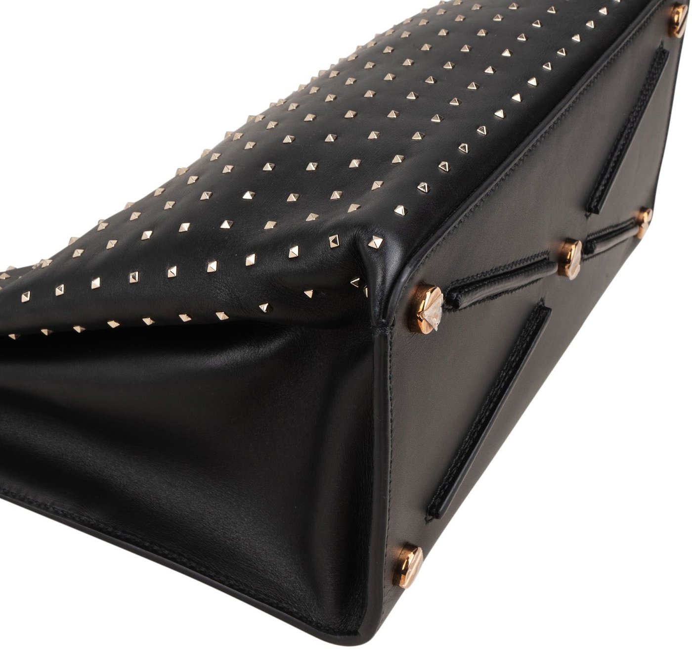 Valentino Garavani Black Calfskin Rockstud Lock Tote Handbag