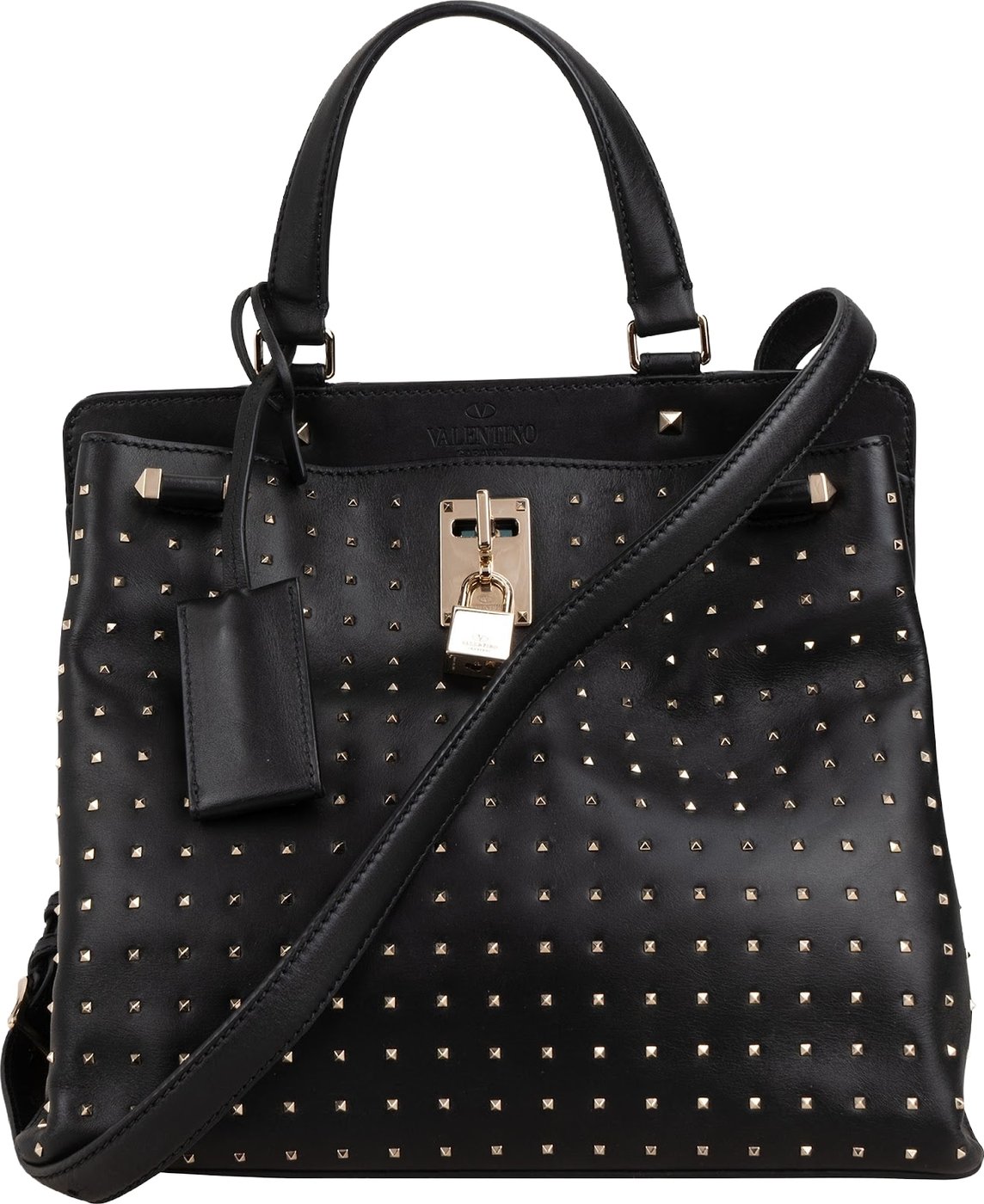 Valentino Garavani Black Calfskin Rockstud Lock Tote Handbag