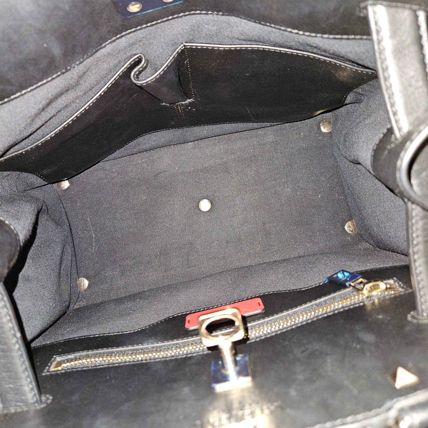 Valentino Garavani Black Calfskin Rockstud Lock Tote Handbag
