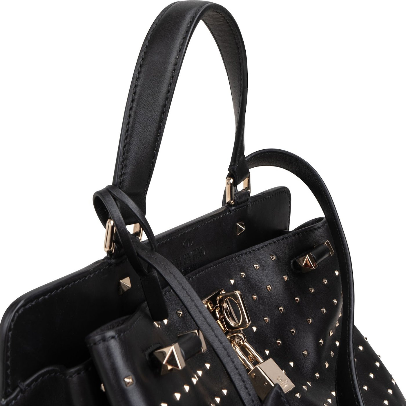 Valentino Garavani Black Calfskin Rockstud Lock Tote Handbag
