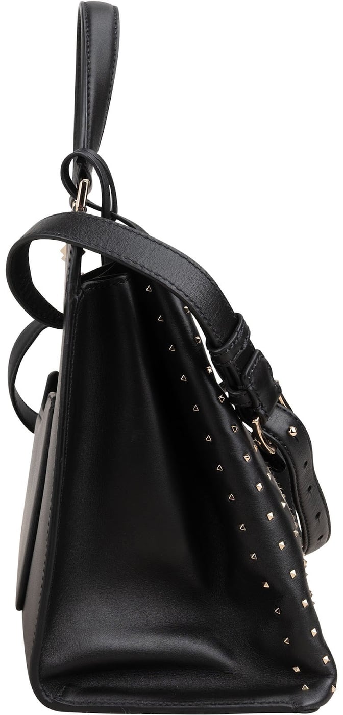 Valentino Garavani Black Calfskin Rockstud Lock Tote Handbag
