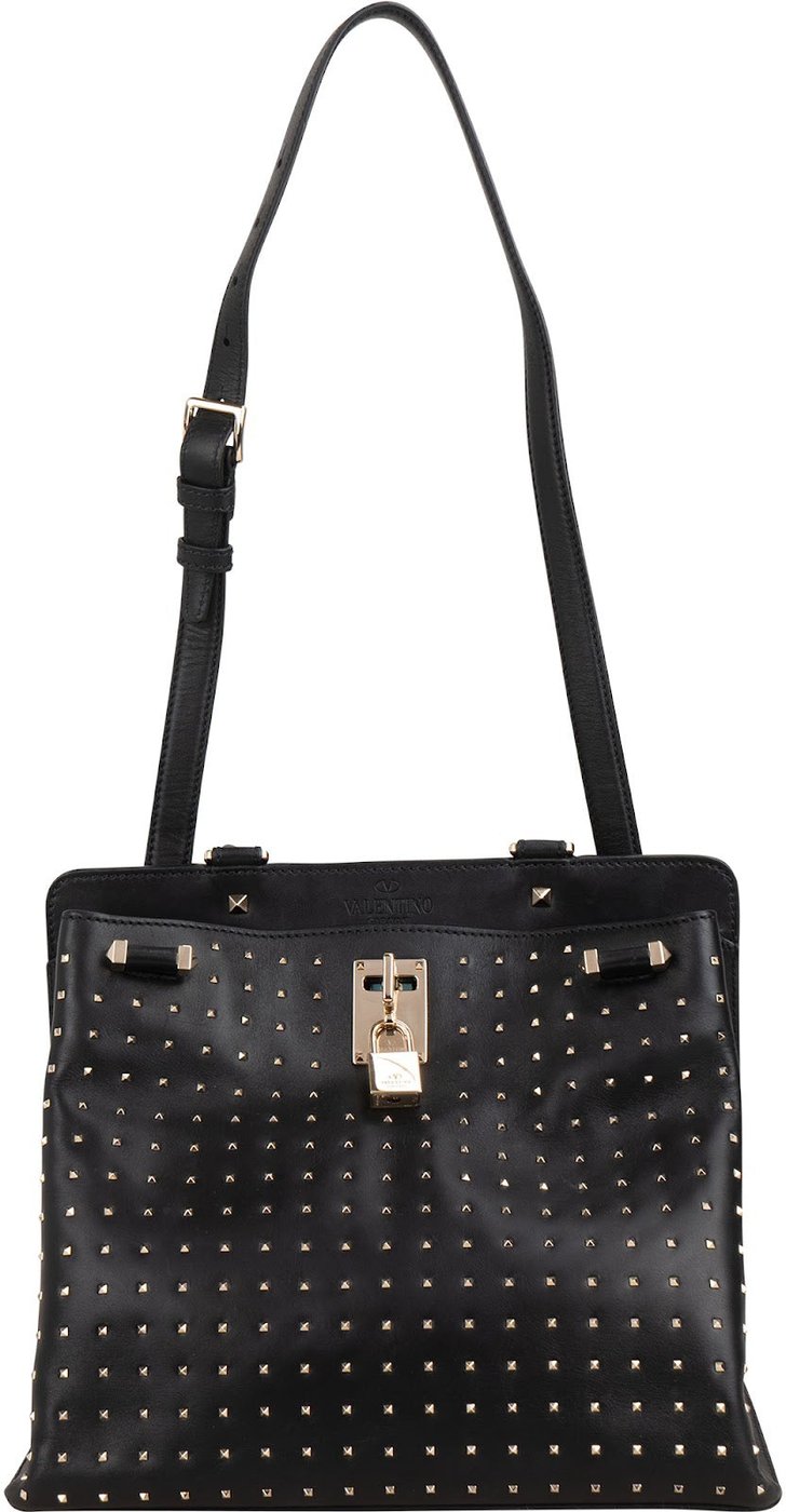 Valentino Garavani Black Calfskin Rockstud Lock Tote Handbag