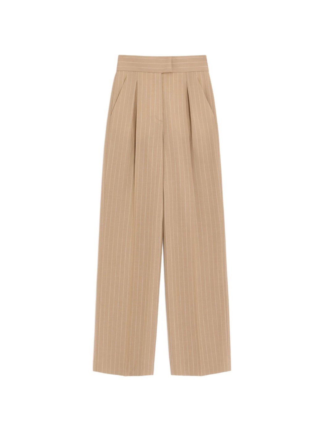 Warm Beige Wide-Leg Pinstripe Trousers