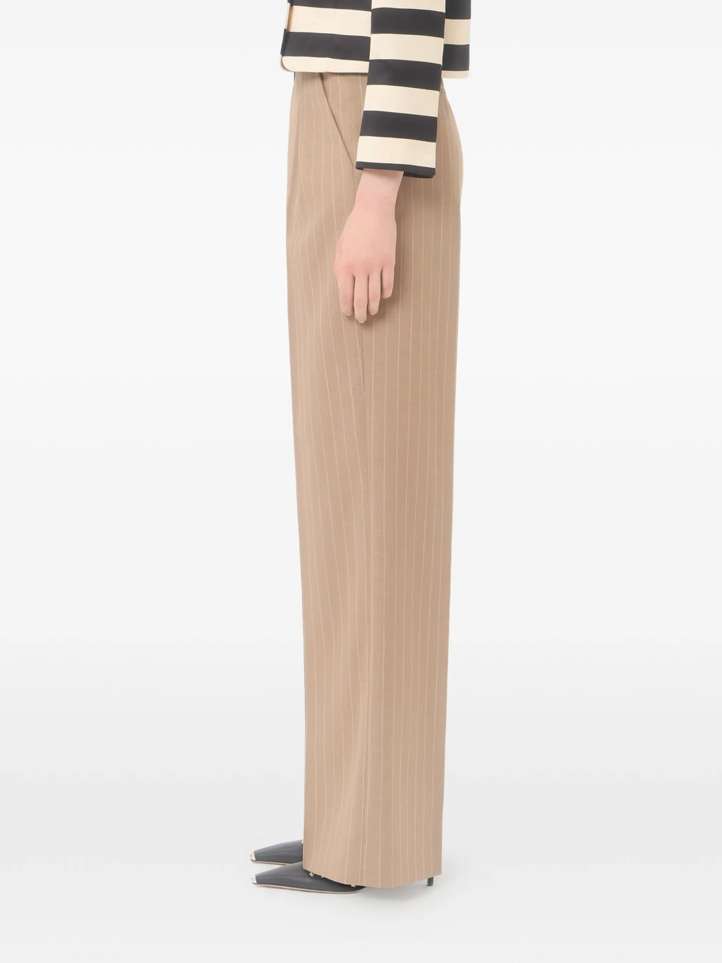 Warm Beige Wide-Leg Pinstripe Trousers