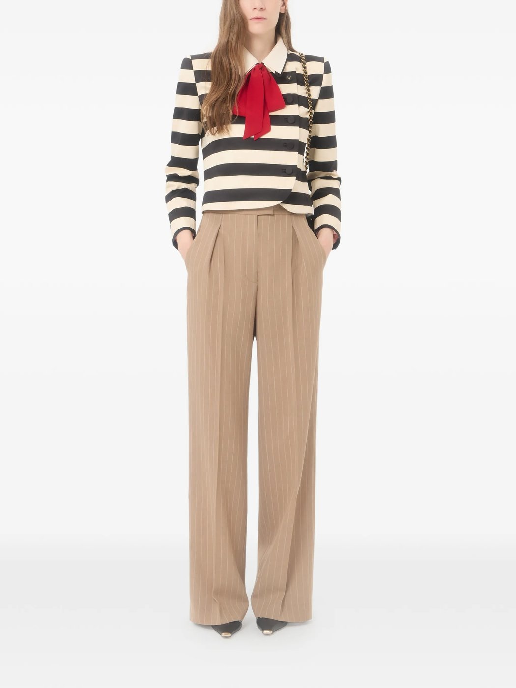 Warm Beige Wide-Leg Pinstripe Trousers