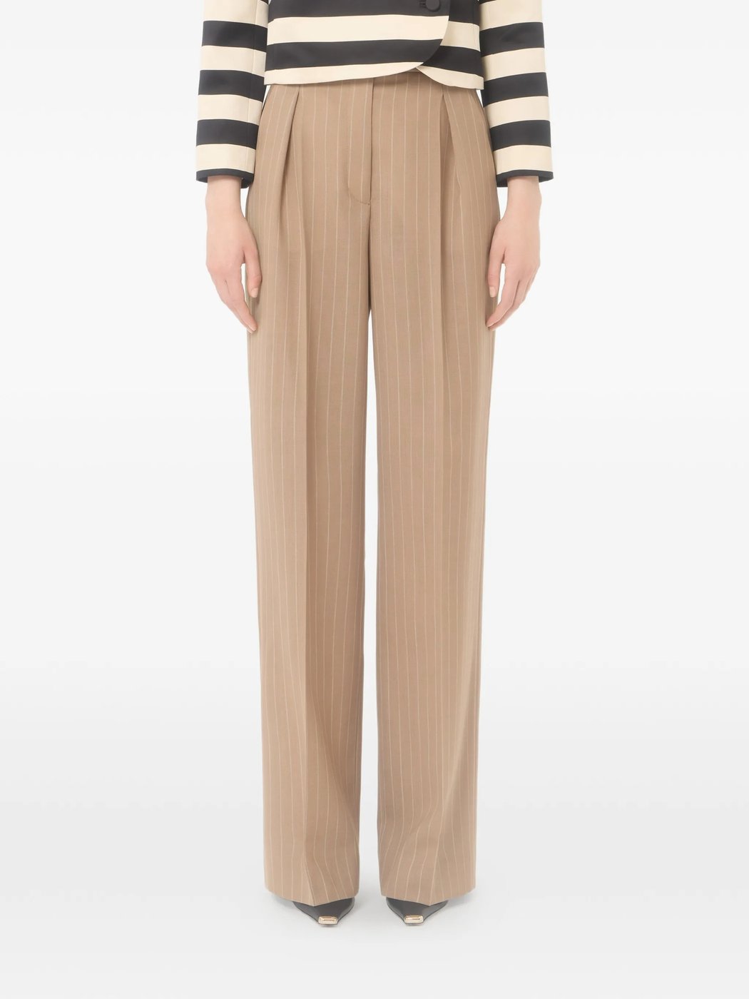 Warm Beige Wide-Leg Pinstripe Trousers