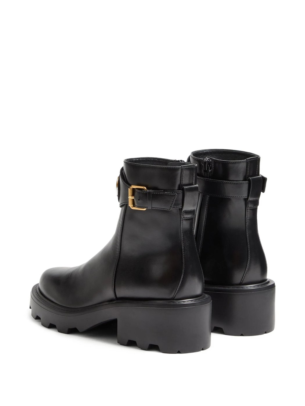 Black Leather Ankle Boots with Gold-Tone Logo and Chunky Sole