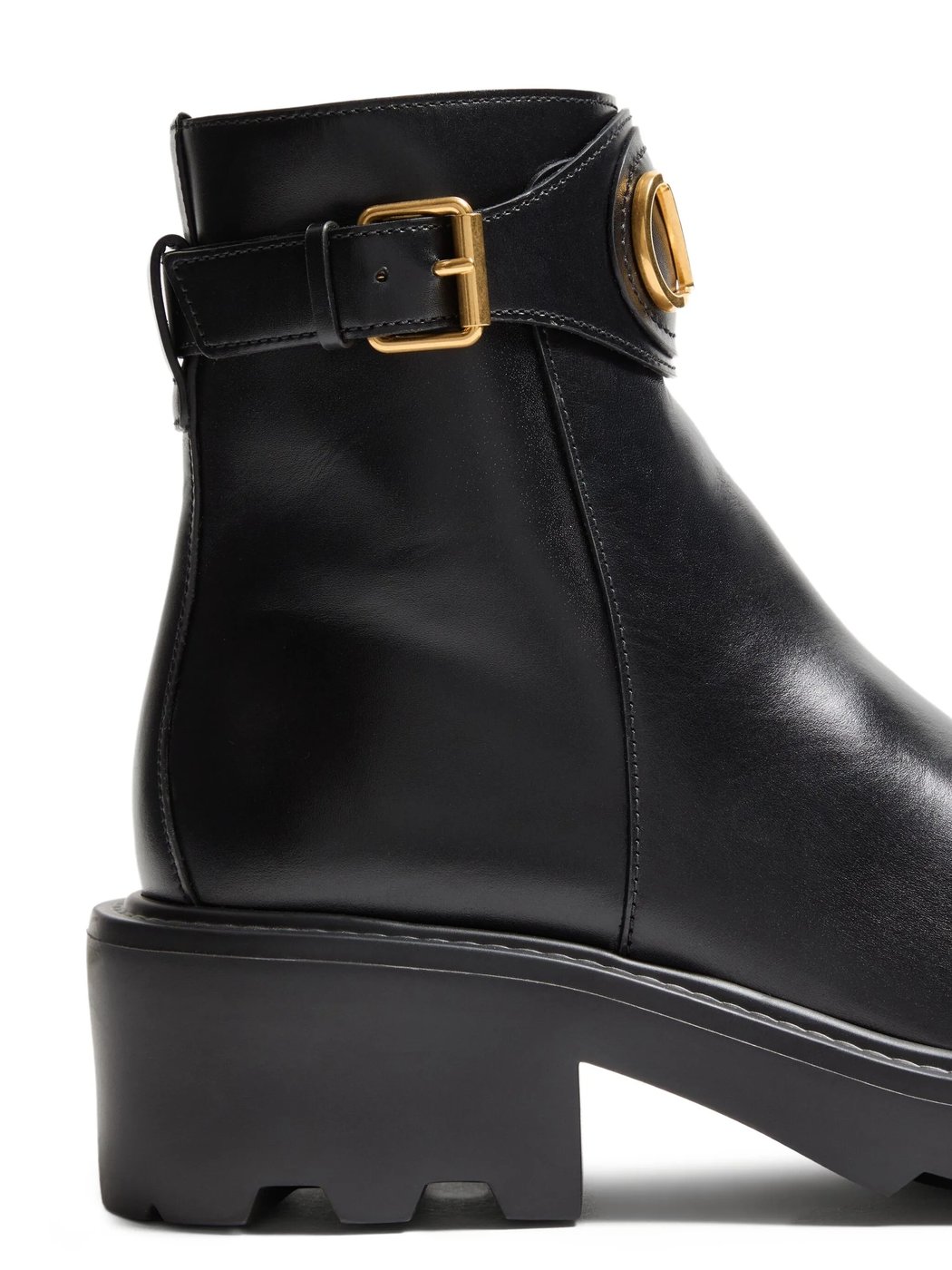 Black Leather Ankle Boots with Gold-Tone Logo and Chunky Sole