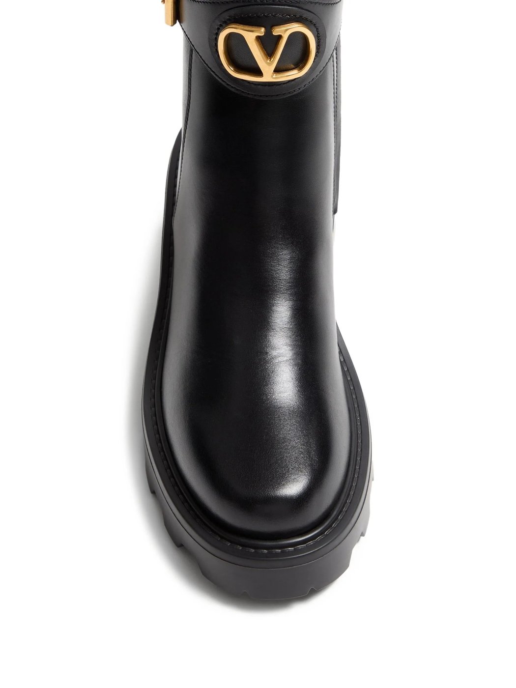 Black Leather Ankle Boots with Gold-Tone Logo and Chunky Sole