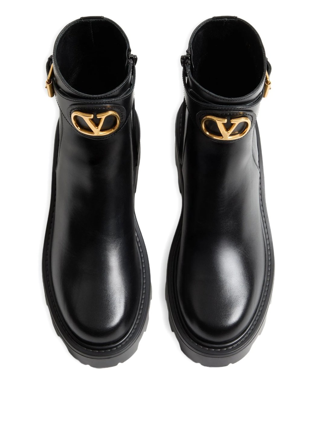 Black Leather Ankle Boots with Gold-Tone Logo and Chunky Sole