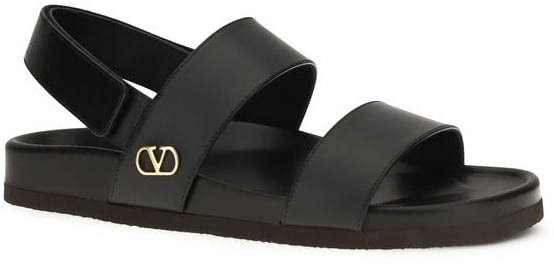 Valentino Garavani Black Calf Leather Bos Taurus Flat Sandals