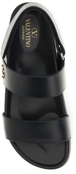 Valentino Garavani Black Calf Leather Bos Taurus Flat Sandals