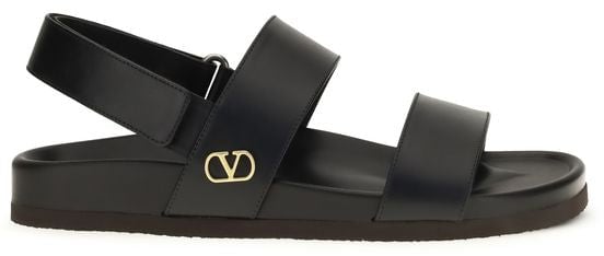 Valentino Garavani Black Calf Leather Bos Taurus Flat Sandals