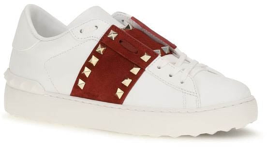 White Leather Sneakers with Red Suede Strap